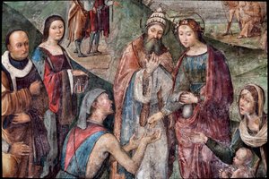 Saint Cecilia giver sine ejendele til de fattige, detaljer (fresco af Lorenzo Costa