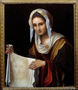 Sankt Veronica. Det hellige slør repræsenterer Kristi ansigt, hvis sved Veronique siges at have været svedig under opstigningen til Golgata. Maleri af Lorenzo Costa (1460-1535) søn. 0,64x0,54 m
