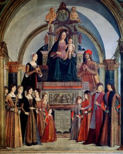 The Virgin of the Bentivoglio Virgin har barnet omgivet af medlemmer af Bentivoglio-familien. Maleri af Lorenzo Costa (1460-1535) 1488 Bologna, San Giacomo Maggiore-kirken af Lorenzo Costa