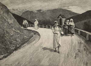 On Sacred Way, naispyhiinvaeltaja kävelee polkua pitkin, Brera, United Expositions, Milano, Italia, F Cantagallin kaiverrus Lorenzo Delleanin (1840-1908) maalauksesta L