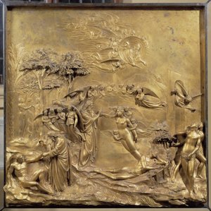 Historien om Adams liv: Adams fødsel, skabelsen af Eva og Adam og Eva jager fra Paradiset. Originalt panel af døren til Paradiset af Lorenzo Ghiberti