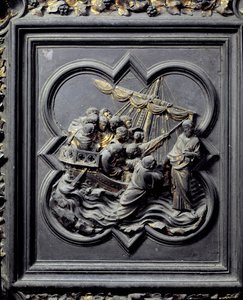 Jesus går på vandet og redder Peter, ottende panel af norddørene til dåbskapellet i San Giovanni, 1403-24 (bronze)