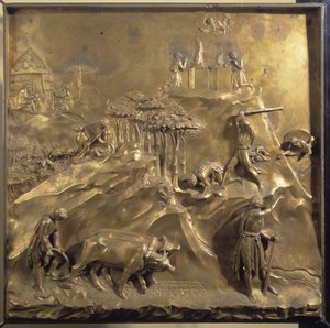 Kains og Abels liv: ofringen, mordet på Abel og Gud, der forviser Kain. Originalt panel af døren til Paradiset af Lorenzo Ghiberti