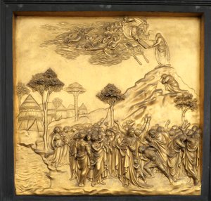 Moses modtager lovens tavler, relief, Paradisets port i Baptistkirken, 2015 (foto) af Lorenzo Ghiberti