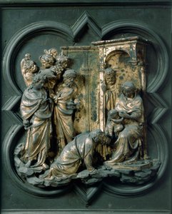North Porte (kaldet Gate of the Cross, mod nord), udvendig detalje: Adoration of the Magi. Bronzeskulptur lavet af Lorenzo Ghiberti (1378-1455) af Lorenzo Ghiberti
