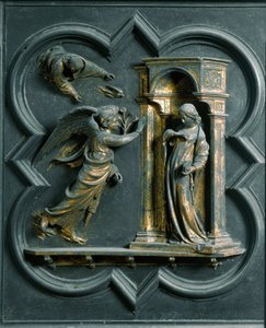 Nordporten (kaldet korsets port, mod nord), udvendig detalje: Bebudelsen. Bronzeskulptur udført af Lorenzo Ghiberti (1378-1455) af Lorenzo Ghiberti