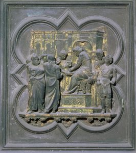 Pontius Pilatus vasker sine hænder foran Kristus, sekstende panel i norddørene i San Giovanni-døbefonten, 1403-24 (bronze)