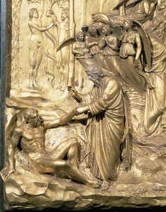Historien om Adam, detalje af Adams skabelse og Adams og Evas fristelse, fra et af de originale paneler fra dåbskapellets østdøre, 1425-52 restaurering af forgyldt bronzestolpe