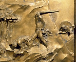 Historien om Kain og Abel, detalje fra drabet på Abel, originalt panel fra dåbskapellets østdøre, restaurering af forgyldt bronzestolpe 1425-52