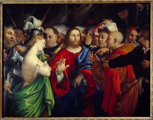 Kristus og utro kvinde. Maleri af Lorenzo Lotto (1480-1556)
