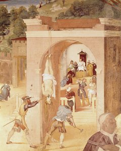 Scener fra St. Barbaras liv, detalje af St. Barbara overgivet til den romerske prælat, Marcian, og derefter tortureret, 1523-24 af Lorenzo Lotto