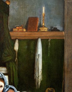 Hylde med kandelaber og bøger, detalje fra bebudelsen, ca 1434, af Lorenzo Lotto (1480-1556), olie på lærred af Lorenzo Lotto