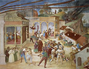 St. Barbara bliver ført gennem byens gader, detaljer fra Christ-Vine og Legend of Saint Barbara af Lorenzo Lotto (cirka 1480 - 1556), fresco, detaljer, Villa Suardi, Capella Suardi, Trescore Balneario af Lorenzo Lotto