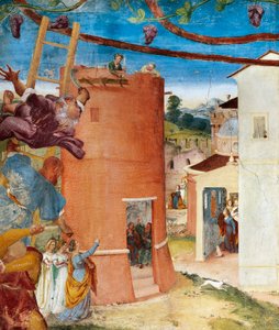 St Barbara i tårnet, detalje fra Christ-Vine and Legend of Saint Barbara af Lorenzo Lotto (ca. 1480 - 1556), fresco, detalje, Villa Suardi, Capella Suardi, Trescore Balneario af Lorenzo Lotto
