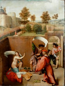 Suzanne i badet eller “Suzanne og de ældre”. Karaktererne bruger phykacteres eller er skrevet deres tekster. Maleri af Lorenzo Lotto (1480-1556) 1517. Galleria degli Uffizi (Kontorer) Firenze