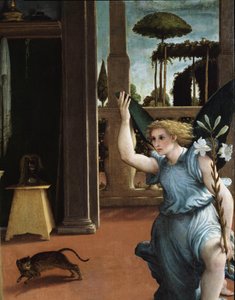 Bebudelsen, detalje af englen af Lorenzo Lotto