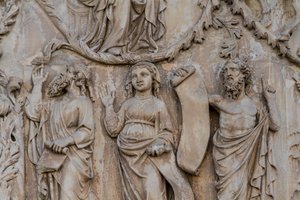 Profeter, detaljer fra Jesse-træet og messianske profetier, Historier om Genesis, basrelieffer af Lorenzo Maitani (før 1275-1330), anden søjle, facade af Orvieto-katedralen, Umbrien, Italien