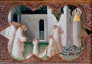 Altertavle af Jomfruens kroning: "Saint Benedict of Nursie resurrecting a monk" Detrempe på træ af Piero di Giovanni dit Lorenzo Monaco (1370-1424) 1413 Firenze, Uffizi-galleriet af Lorenzo Monaco