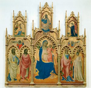 Madonna og Jesusbarnet, helgener; øverst: Bebudelsen (tempera på træ)
