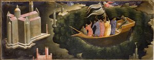 Repræsentation af Saint Nicholas, der beroliger Tempete Nicolas de Myra (eller Nicolas de Bari), der redder en båd fra forliset. Maleri på træ af Lorenzo Monaco (ca. 1370-ca. 1423/1424) Firenze, Galleria del 