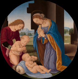 Madonna tilbeder barnet med spædbarnet Sankt Johannes Døberen og en engel, ca. 1492 (tempera på træ)