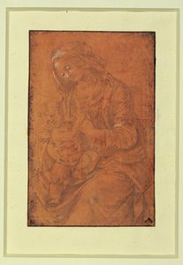 Madonna. Sølvspids, fremhævet i hvidt på laksefarvet papir ... af Lorenzo di Credi