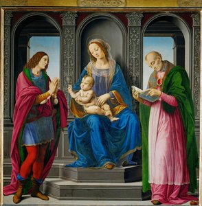 Madonna med barn, omgivet af Sankt Julian og Sankt Nikolaus af Myra ... af Lorenzo di Credi