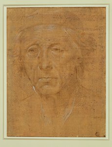 Portræt af en gammel mand, helfigur, med kasket ... af Lorenzo di Credi