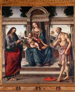 Jomfru med barn og to hellige, St. Matthew og St Jerome Maleri af Lorenzo di Credi (1459-1537) Firenze, kirke Santo Spirito Italien