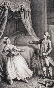 Par foran sengen i soveværelset - i "Les francaises ou 34 eksempler udvalgt i de nuværende skikke egnet til at lede døtre, kvinder, hustruer, mødre" af Restif de La Bretonne (1734-1806), ill. af Binet, Neufchatel