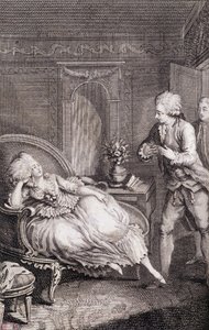 Gentilhomme erklærer sin kærlighed til en dame, der sygner over en hyrde - i "" Les francaises ou 34 eksempler udvalgt i de nuværende skikke egnet til at lede døtre, hustruer, mødre"" af Restif de La Bretonne (1734-1806), ill. af Binet, Neufchatel