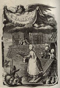 Illustration til "Den perverse bonde eller byens farer" af Restif de La Bretonne (1734-1806) fransk forfatter. Stik af Binet fra det 18. århundrede.
