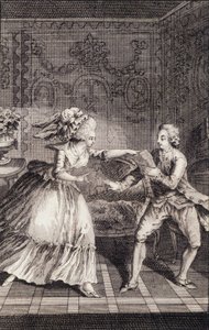 Den subtiliserede bløde billet (libertinage) - i "" Les francaises eller 34 eksempler valgt i de nuværende skikke til at lede døtre, kvinder, hustruer, mødre" af Restif de La Bretonne (1734-1806), ill. af Binet, Neufchatel