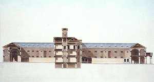 Tværsnit af det nye fængsel i Bruxelles, fra "Choix des Monuments, Edifices et Maisons les plus remarquables du Royaume des Pays-Bas" af Pierre Jacques Goetghebuer, graveret af forfatteren, udgivet i 1827 (akvatint) af Louis (after) Damesme