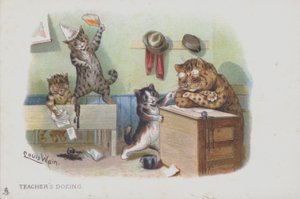 Katte i et klasseværelse: læreren døser, og eleverne opfører sig forkert (chromolitho) af Louis (after) Wain