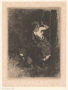 Kvinde får vand fra en brønd, ved siden af ​​hende et siddende barn af Louis Adolphe Hervier (attributed to)