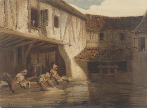Vasker kvinder i en åben hal i et boligkompleks på vandet af Louis Adolphe Hervier (signed by artist)