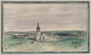 Kirke og landsby midt på en mark, Montigny, 1866 (pen og blæk og wc på papir)