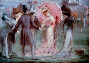 God tid: "" Vejning"" Mænd, der undersøger unge kvinder med insisteren på hestevæddeløb. Maleri af Louis Anquetin (1861-1932), privatsamling fra det 20. århundrede af Louis Anquetin