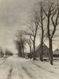 Winterlandschaft mit Bauernhof an einer Allee (Vinterlandskab med en gård på en allé)