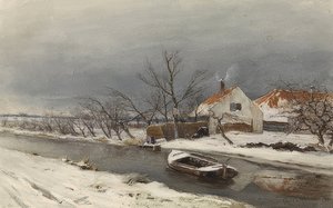 Winterlandschaft mit Häusern und einem Kanal (Vinterlandskab med huse ved en kanal). 1874