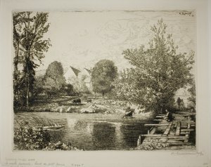 Den gamle gangbro, bredden af Petit Morin af Louis Auguste Lepère