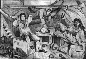 Jeg var fuld, og i en nat med udskejelser druknede jeg alle mine angrende... indgravering efter M. de Sainsons tegning til Daniel Defoes Bog (De foe) "Robinson Crusoe"" fransk udgave fra 1837.