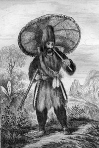 Jeg var iført en hat af høj højde... indgravering efter M. de Sainsons tegning til Daniel Defoes Bog (De foe) "Robinson Crusoe"" fransk udgave af 1837.