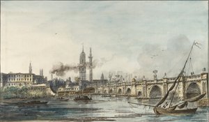 Udsigt over Themsen mod kirken St Magnus og monumentet, slutningen af det 18. århundrede af Louis Bélanger