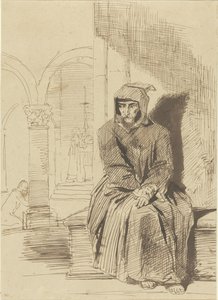Munk siddende, i kontemplation, mens messen fejres i baggrunden af Louis Boulanger