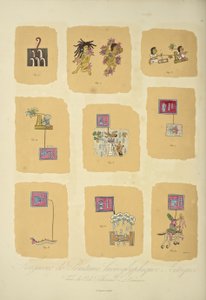 Fragmenter af aztekiske hieroglyfiske malerier, fra Codex Telleriano-Remensis, illustration fra 
