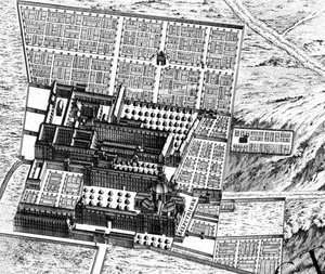 Hospitalet i La Salpêtrière, detalje fra planen i Paris, kendt som Plan de Turgot, indgraveret af Claude Lucas, 1734-39 graveringsdetalje af 233535