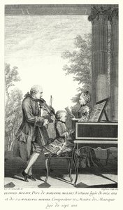 Leopold Mozart spiller musik med sin datter Marianne og søn Wolfgang (stik) af Louis Carrogis (after) Carmontelle