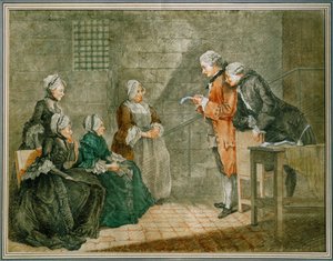 La malheureuse famille Calas - Enke og børn Calaslytter i Conciergerie-fængslet til ophævelsen af dommen mod faderen ... af Louis Carrogis